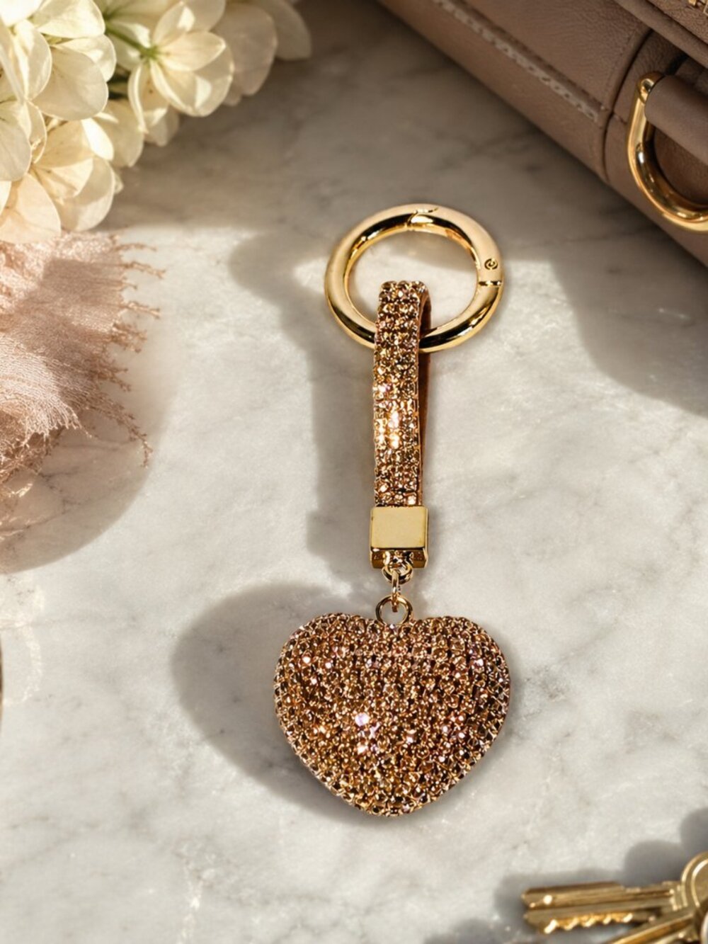 Vintage Gold Tone Rhinestone Heart Keychain Key Ring Made in USA NOS